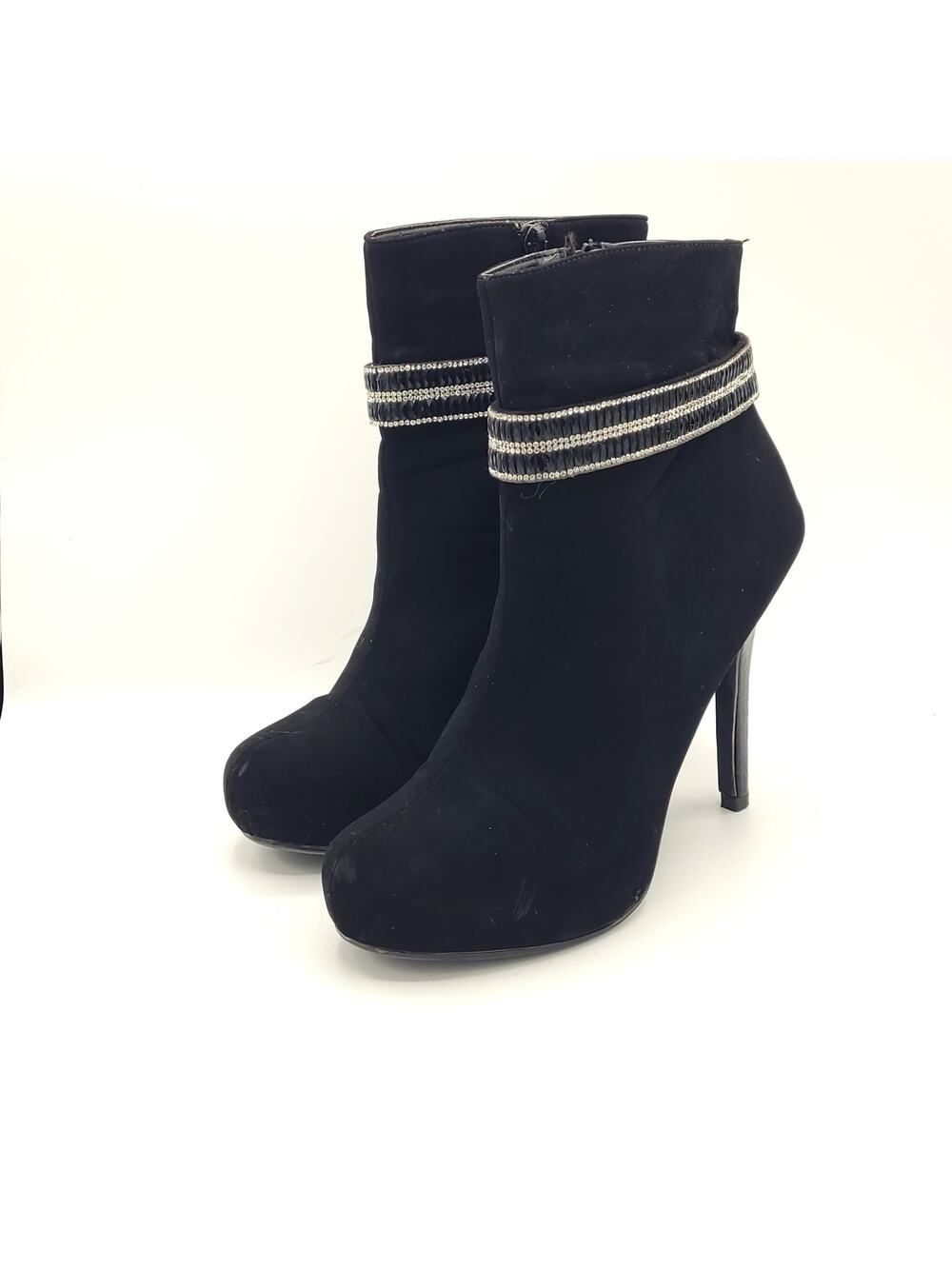 Madeline Stuart black suede heels ankle booties rhinestone strap women's size 8